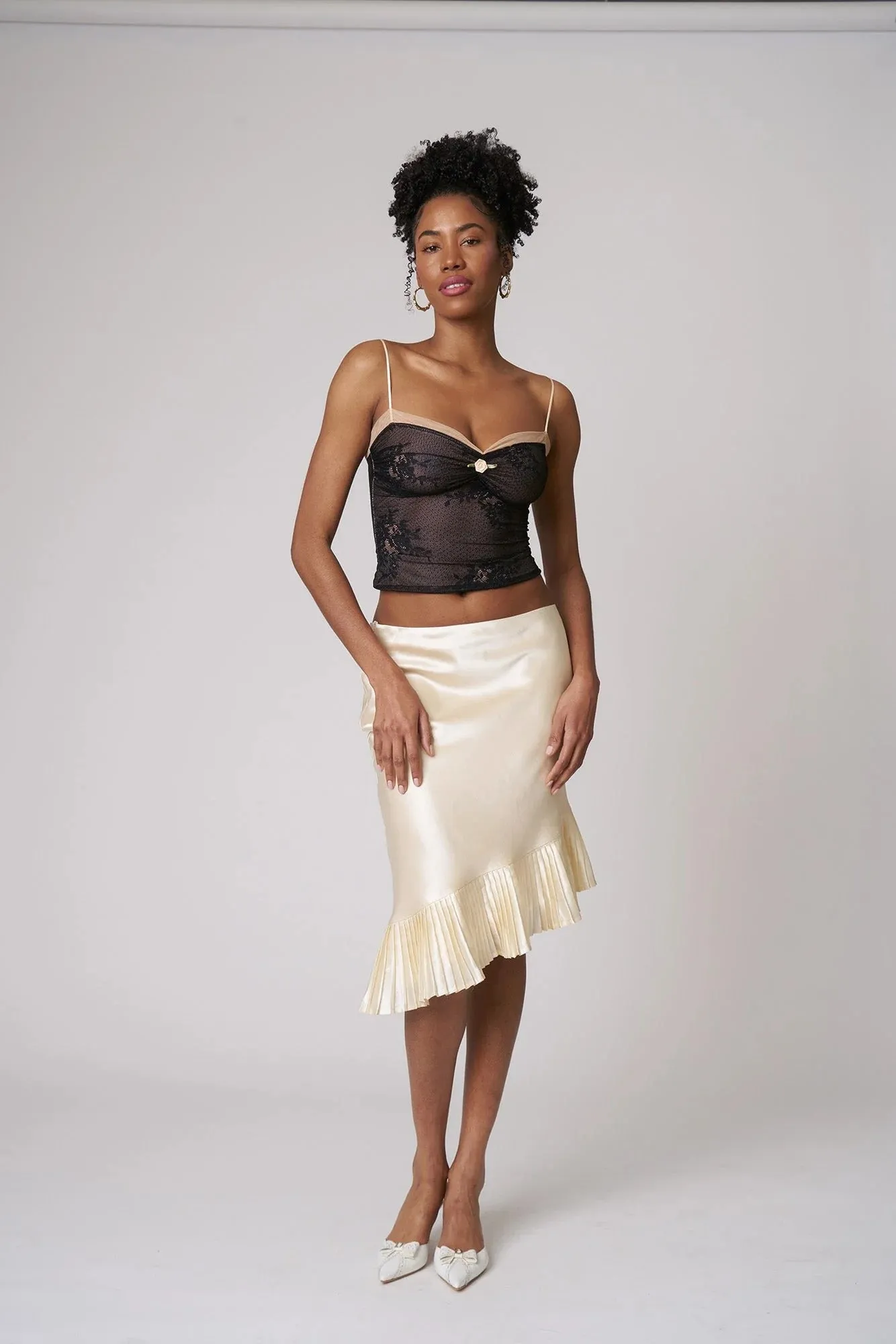 Satin Irregular Pleated Charming Trim Midi Skirt