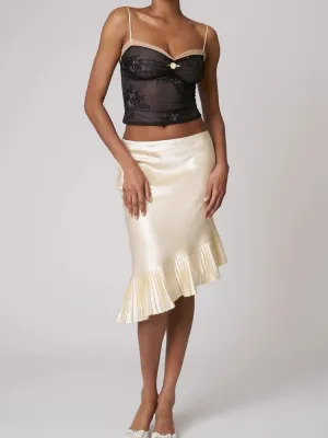 Satin Irregular Pleated Charming Trim Midi Skirt