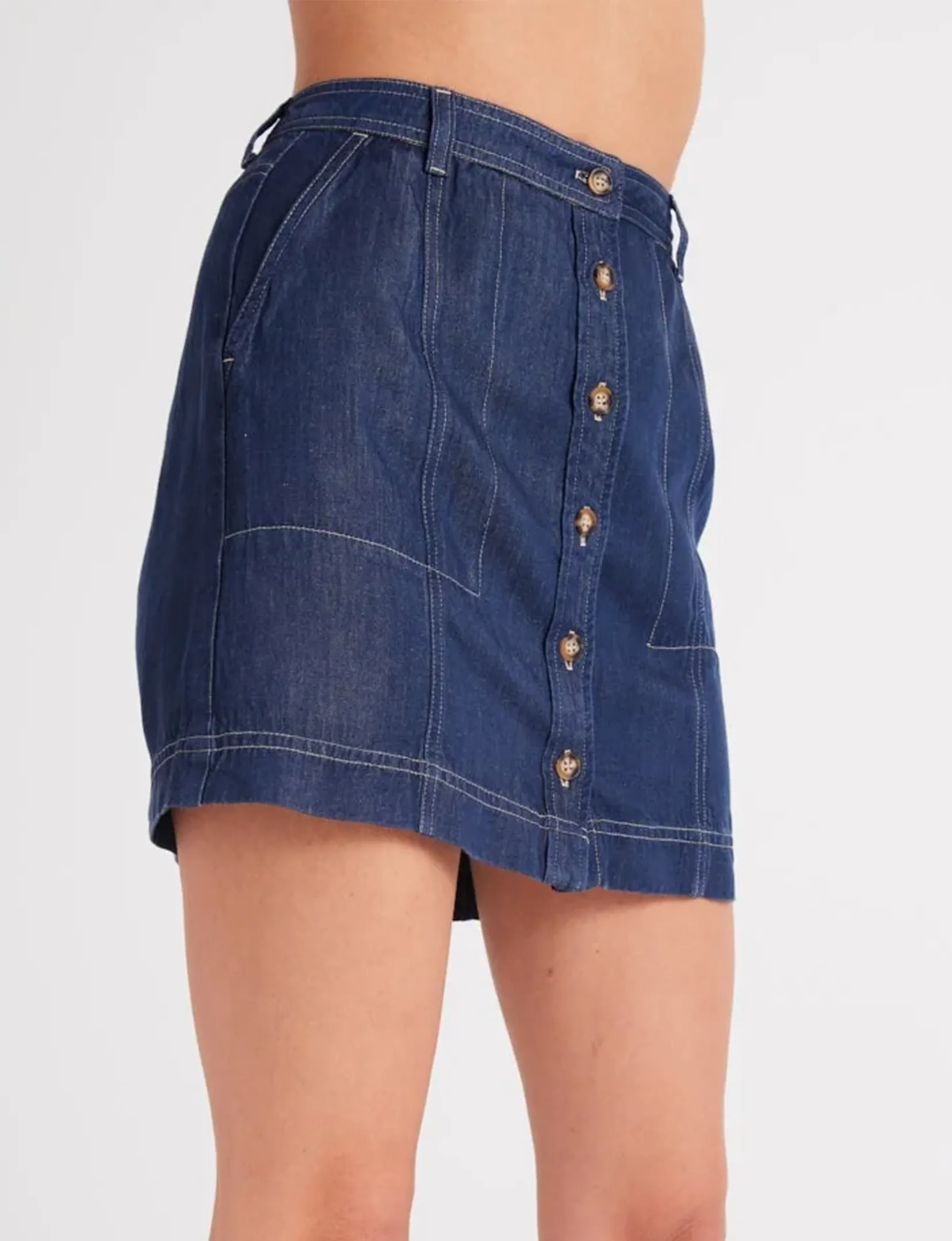 Seamed Button Front Skirt, Dark Denim