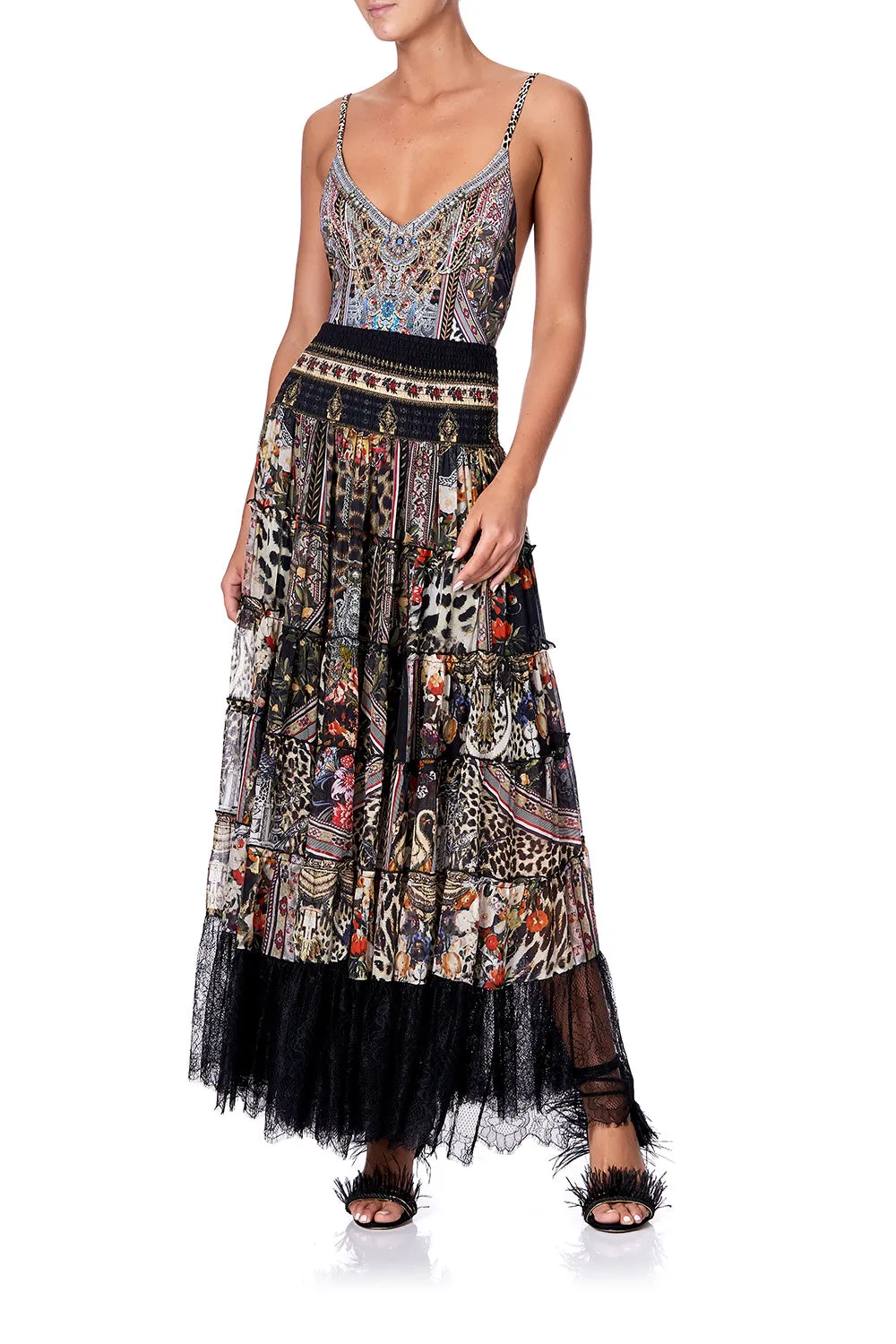 SHEER TIERED CIRCLE SKIRT MARAIS AT MIDNIGHT