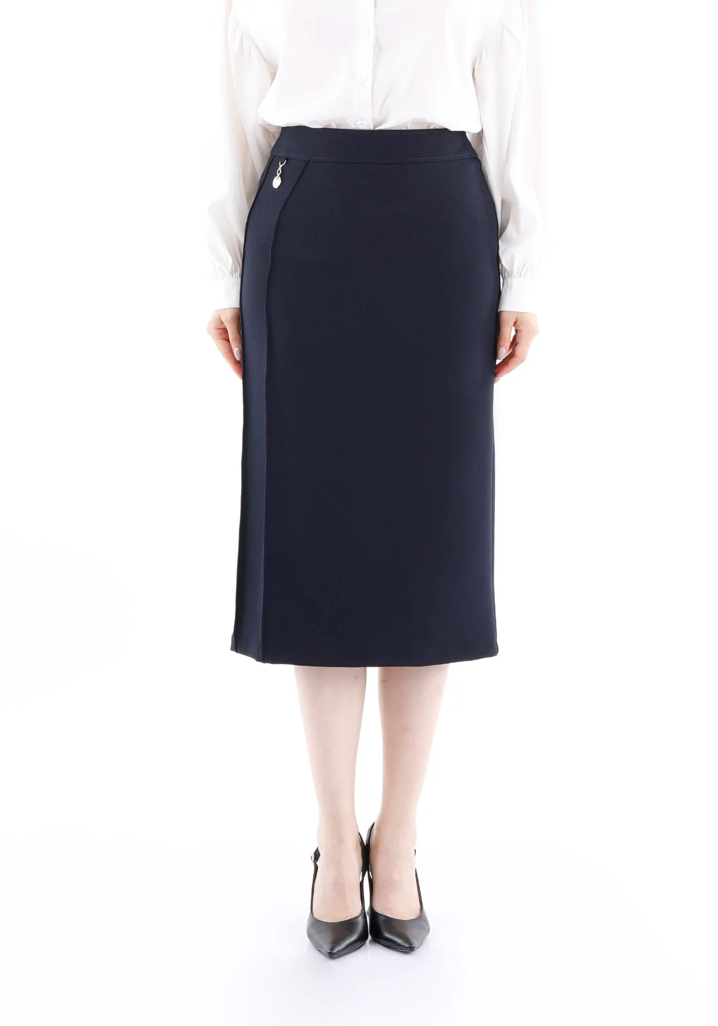 Stitch Detail Navy Pencil Midi Skirt