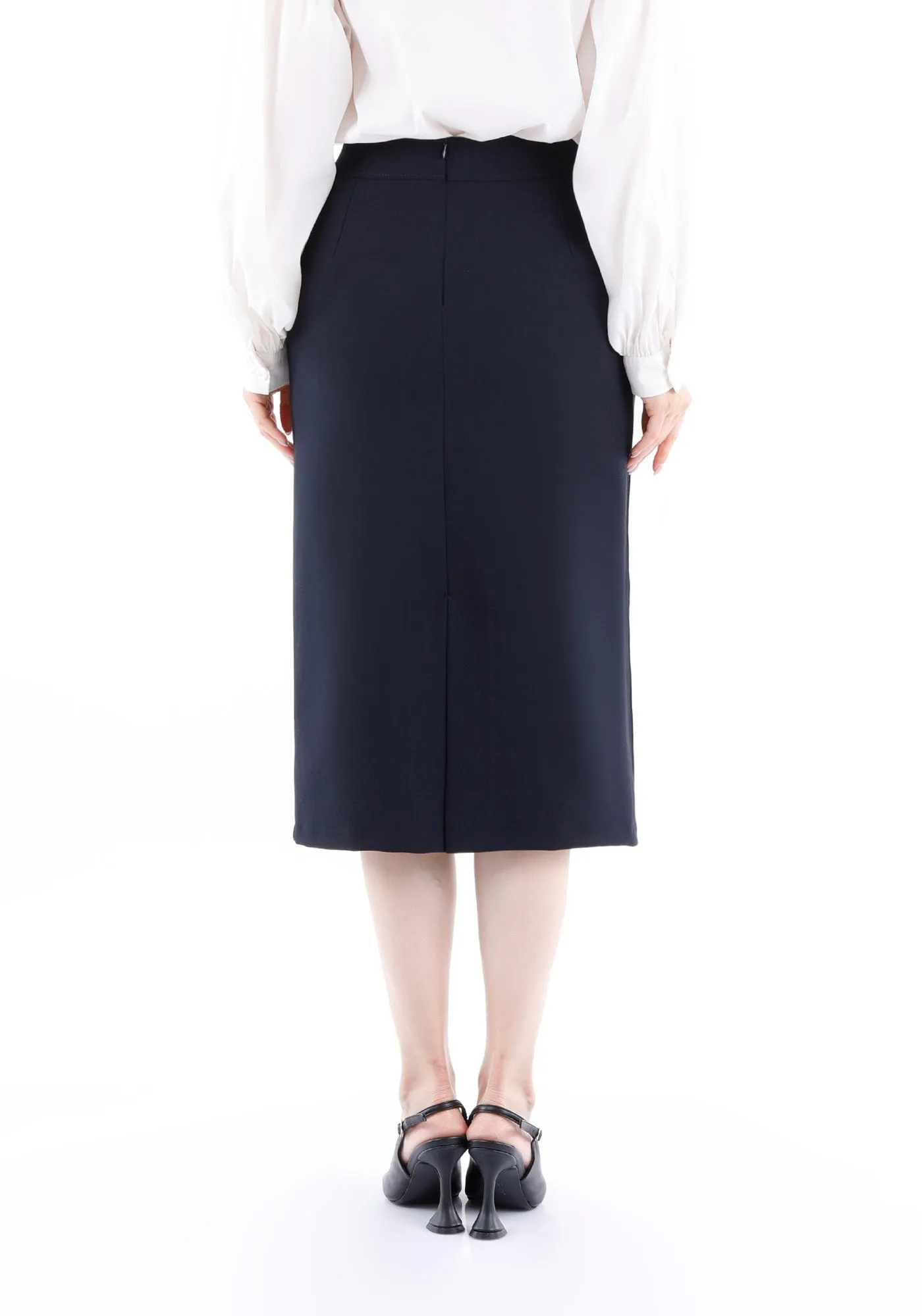 Stitch Detail Navy Pencil Midi Skirt