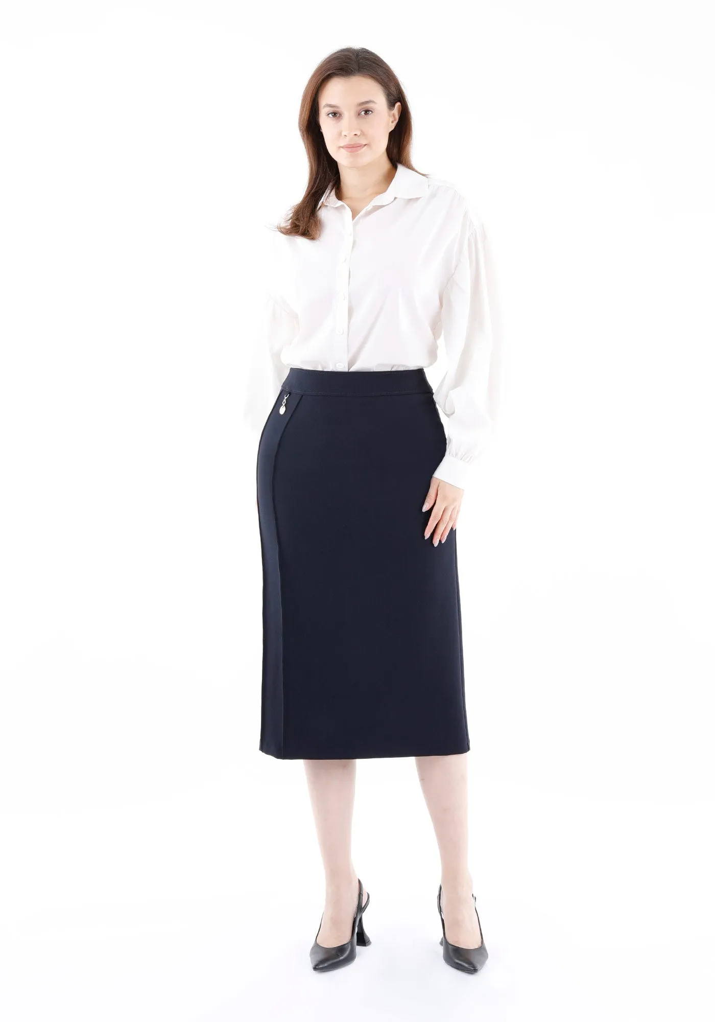 Stitch Detail Navy Pencil Midi Skirt