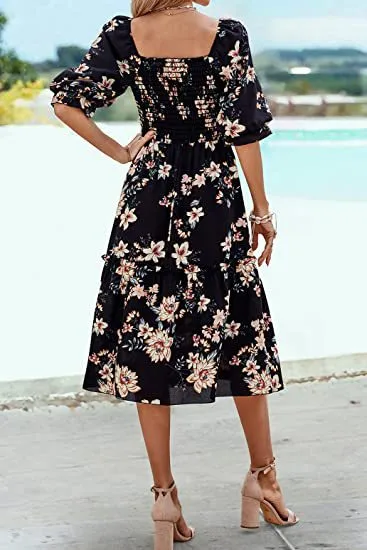 TastyHottie - Puff Sleeve  Flowy Boho Floral Smocked Dress