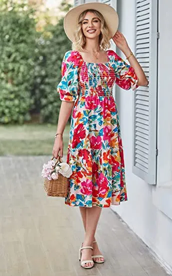 TastyHottie - Puff Sleeve  Flowy Boho Floral Smocked Dress