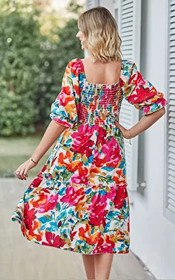 TastyHottie - Puff Sleeve  Flowy Boho Floral Smocked Dress