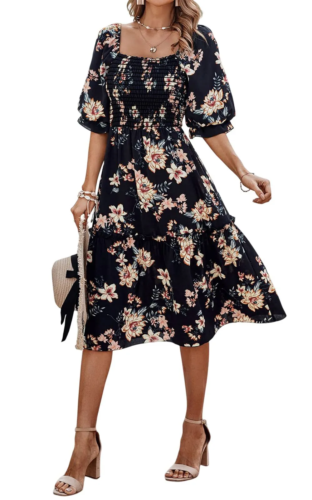 TastyHottie - Puff Sleeve  Flowy Boho Floral Smocked Dress