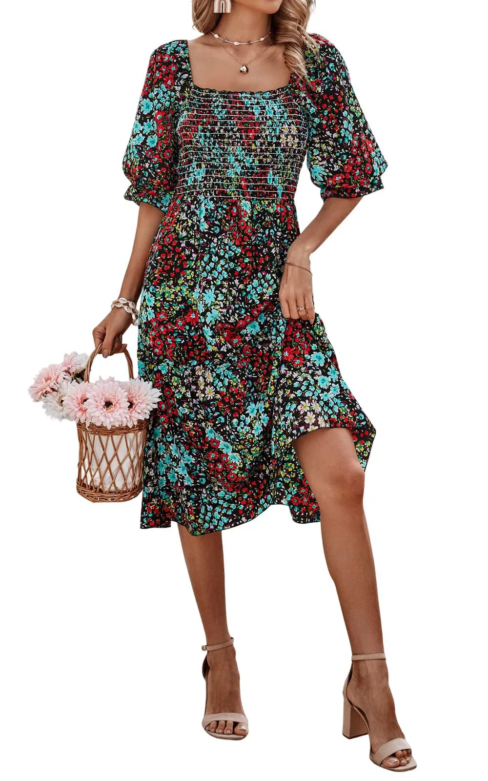 TastyHottie - Puff Sleeve  Flowy Boho Floral Smocked Dress