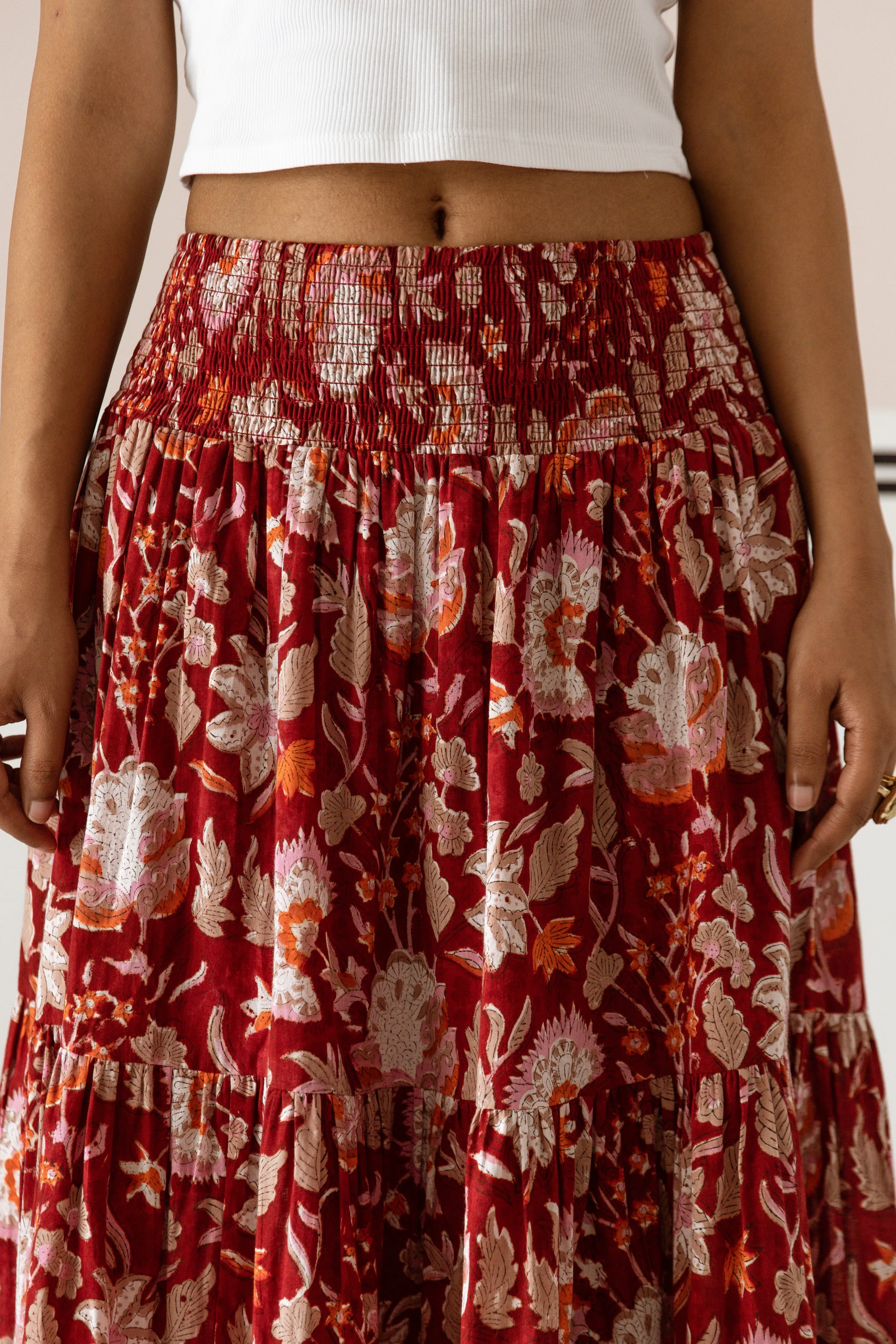 The Pia Skirt - Crimson Floral Block Print