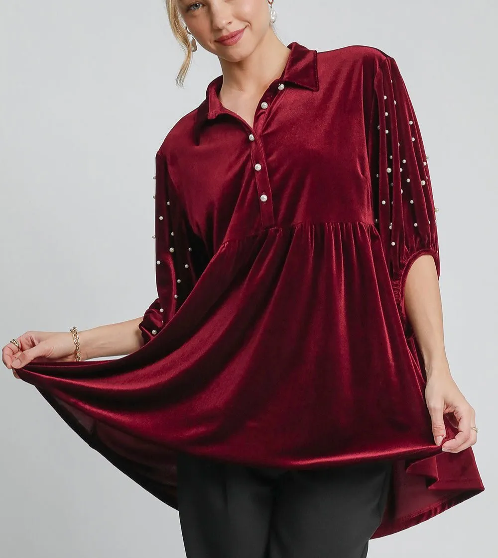 Umgee USA Pearl Babydoll Blouse Burgundy Women Half Sleeve Velvet Ruffle