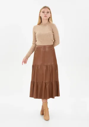 Vegan Leather Midi Skirt with Button Details and Pockets