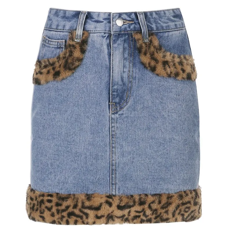 Vintage High-Waist Denim Leopard Mini Skirt