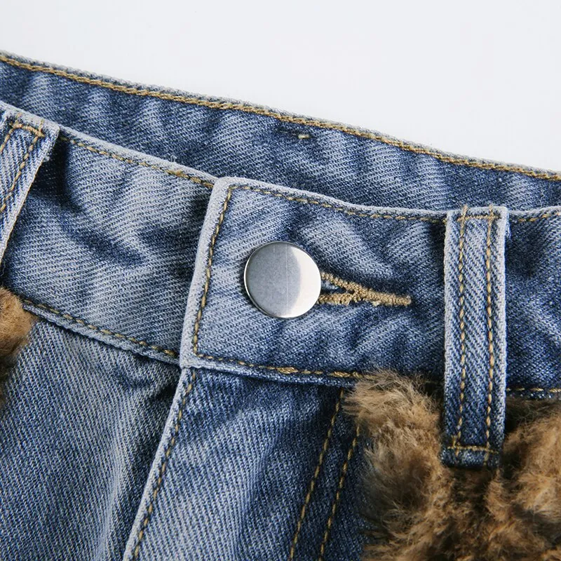 Vintage High-Waist Denim Leopard Mini Skirt