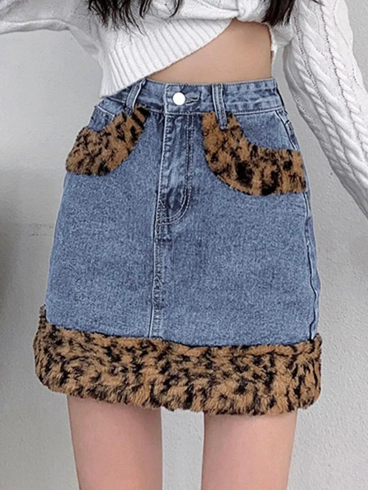 Vintage High-Waist Denim Leopard Mini Skirt