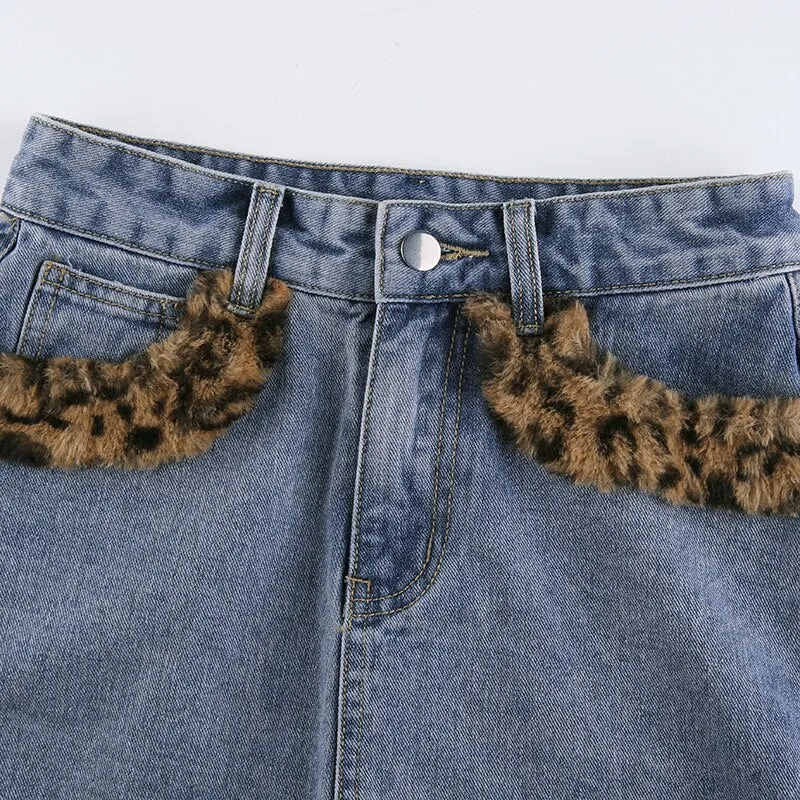 Vintage High-Waist Denim Leopard Mini Skirt