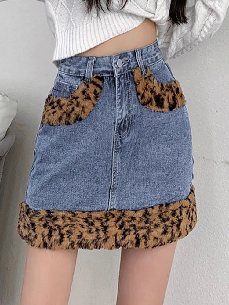 Vintage High-Waist Denim Leopard Mini Skirt