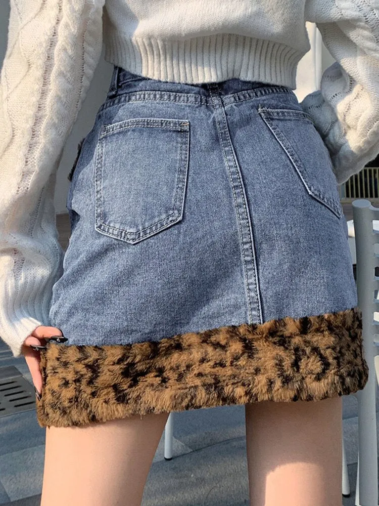 Vintage High-Waist Denim Leopard Mini Skirt