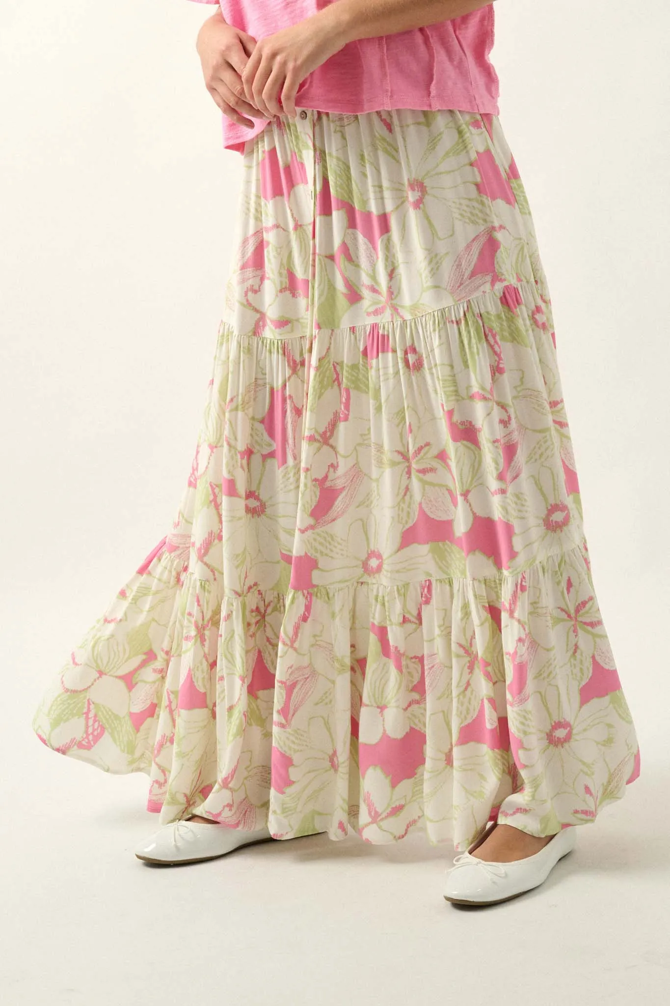 Waikiki Weekend Tiered Floral Buttoned Maxi Skirt