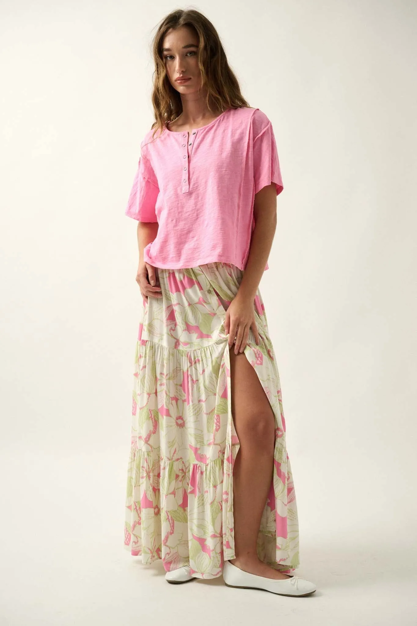 Waikiki Weekend Tiered Floral Buttoned Maxi Skirt