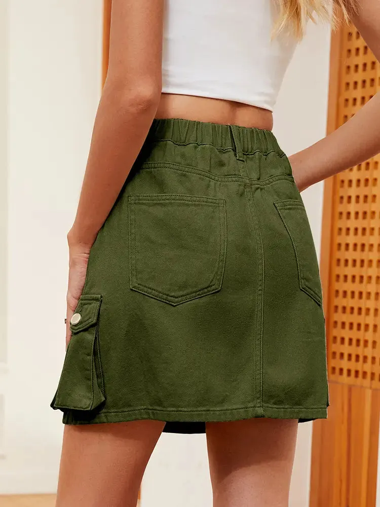 Washed Multi-Pocket Denim Cargo Skirt