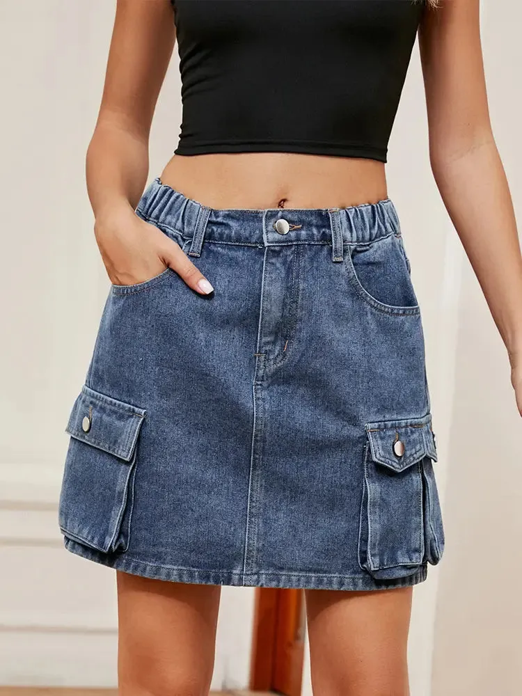 Washed Multi-Pocket Denim Cargo Skirt