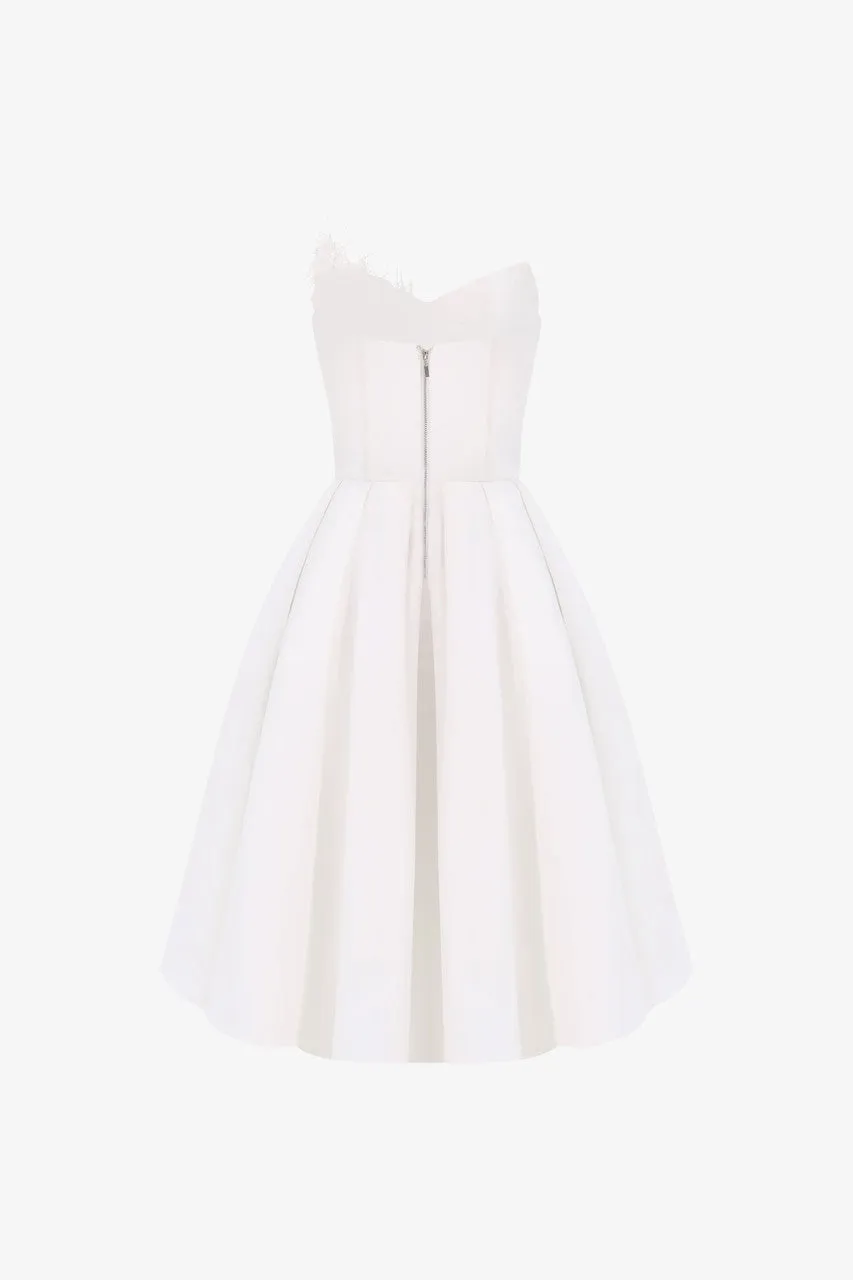 White Corset-Bodice Midi Dress with Feather and Beaded Appliqué