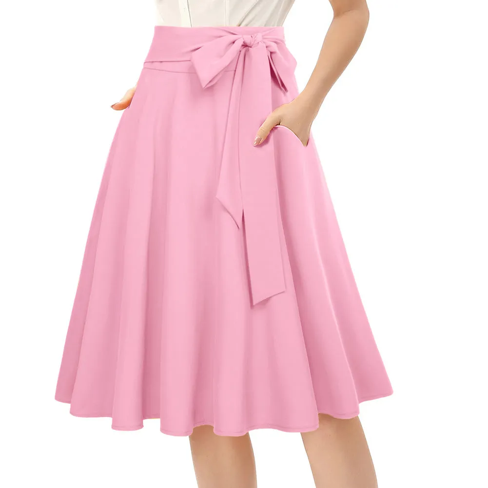 Women's High Waist A-Line Pockets Skirt Skater Flared Midi Skirt Vinage Skirt