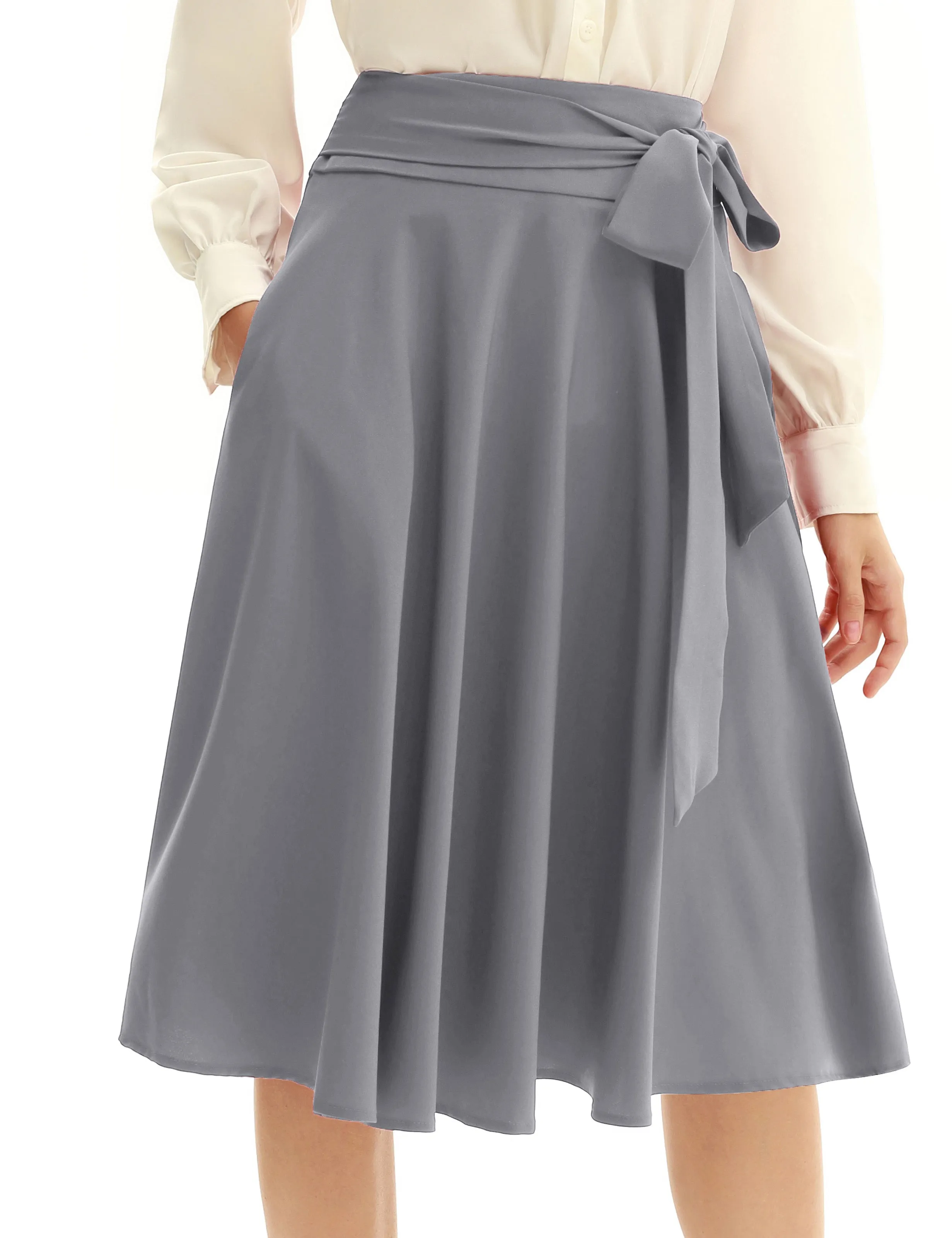 Women's High Waist A-Line Pockets Skirt Skater Flared Midi Skirt Vinage Skirt