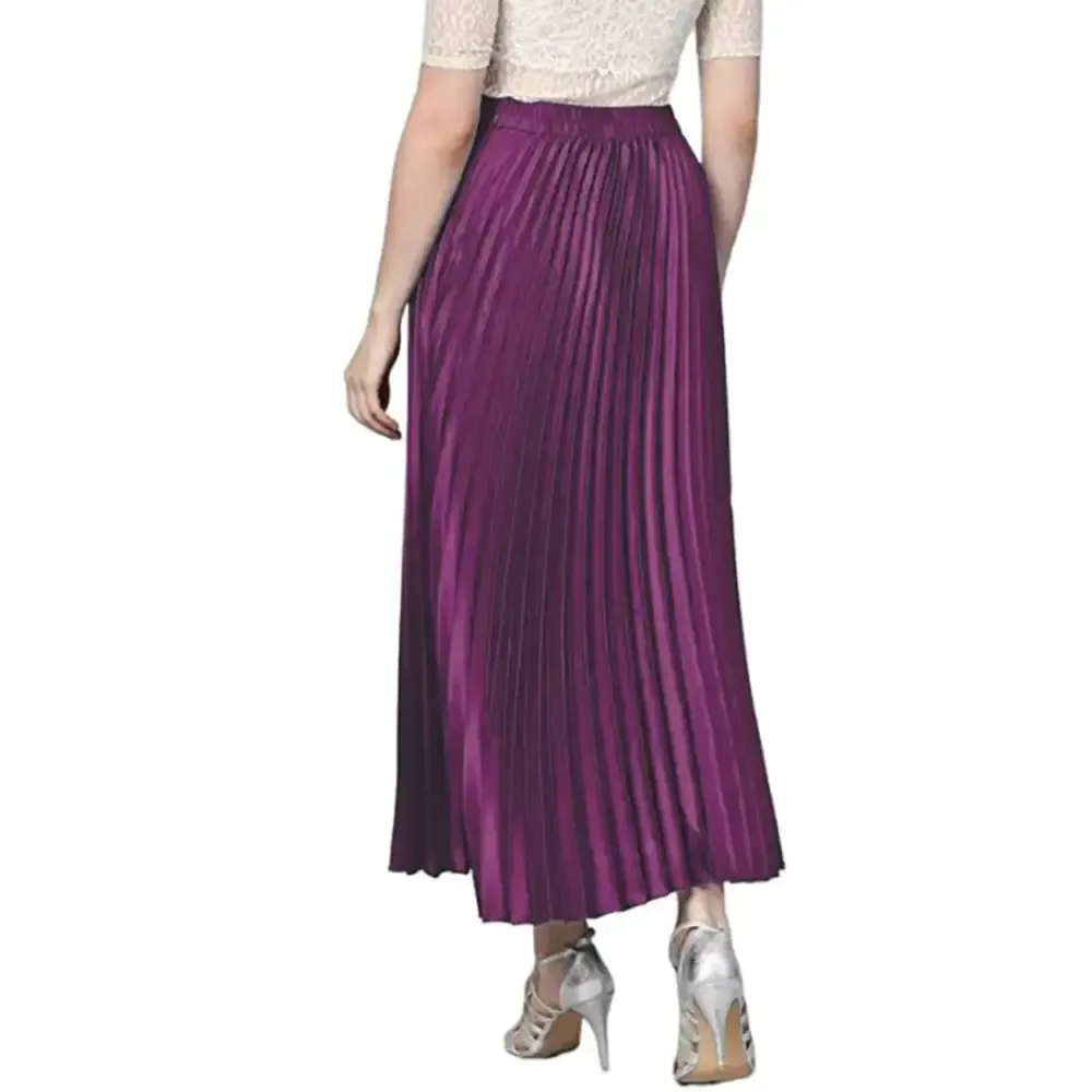 Womens Satin Accordion Pleated A-Line Midi Skirt