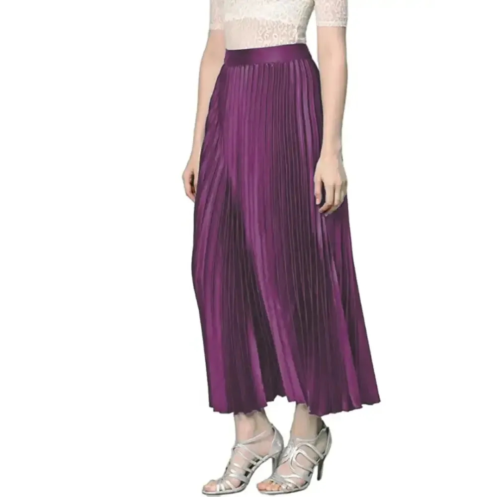 Womens Satin Accordion Pleated A-Line Midi Skirt